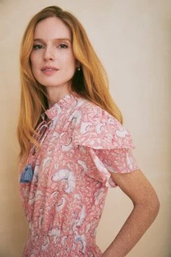 OPHELIA & INDIGO Ella Dress Pink And Blue Dianthus Block Print