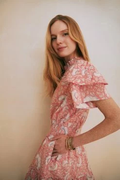 OPHELIA & INDIGO Ella Dress Pink And Blue Dianthus Block Print