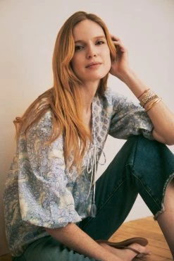 OPHELIA & INDIGO Iris Top Blue Mixed Floral Block Print