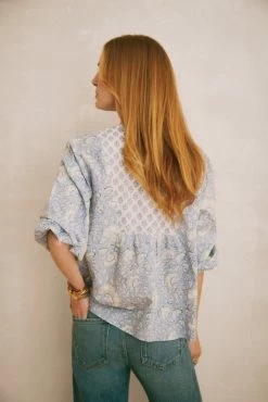 OPHELIA & INDIGO Iris Top Blue Mixed Floral Block Print