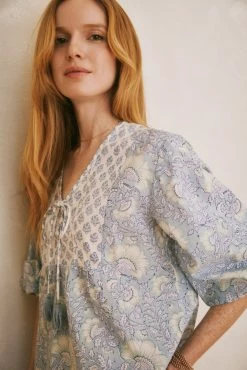 OPHELIA & INDIGO Iris Top Blue Mixed Floral Block Print