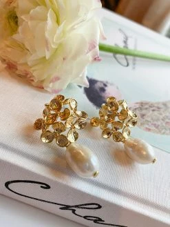 M Donohue Collection Sara Gold White Pearl Earrings Wear