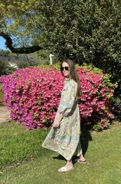 SUE SARTOR Paloma Flounce Dress, Petal Pink, Chartreuse & Aqua