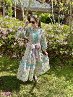 SUE SARTOR Paloma Flounce Dress, Petal Pink, Chartreuse & Aqua