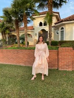 SUE SARTOR Dresses Paloma Flounce Dress, Asters + Zinnias Block Prints In Barely Blush Pink / White