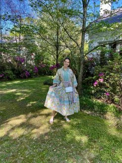 SUE SARTOR Paloma Flounce Dress, Petal Pink, Chartreuse & Aqua