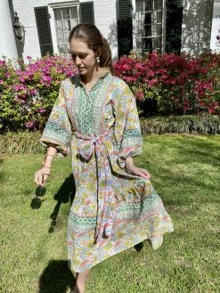 SUE SARTOR Paloma Flounce Dress, Petal Pink, Chartreuse & Aqua