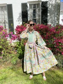 SUE SARTOR Paloma Flounce Dress, Petal Pink, Chartreuse & Aqua