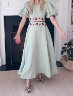 Fanm Mon Wear Datcha Mint Green Linen Dress With Embroidery