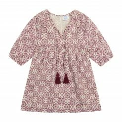 Mer St. Barth Sara Girl's Tunic Pop Over Dress Aubergine Floral Block Print For Kids