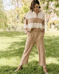 The Great Wear The Rugby Polo Tee, Washed White And Camel Stripe