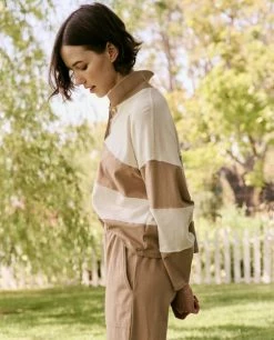 The Great Wear The Rugby Polo Tee, Washed White And Camel Stripe