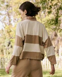 The Great Wear The Rugby Polo Tee, Washed White And Camel Stripe